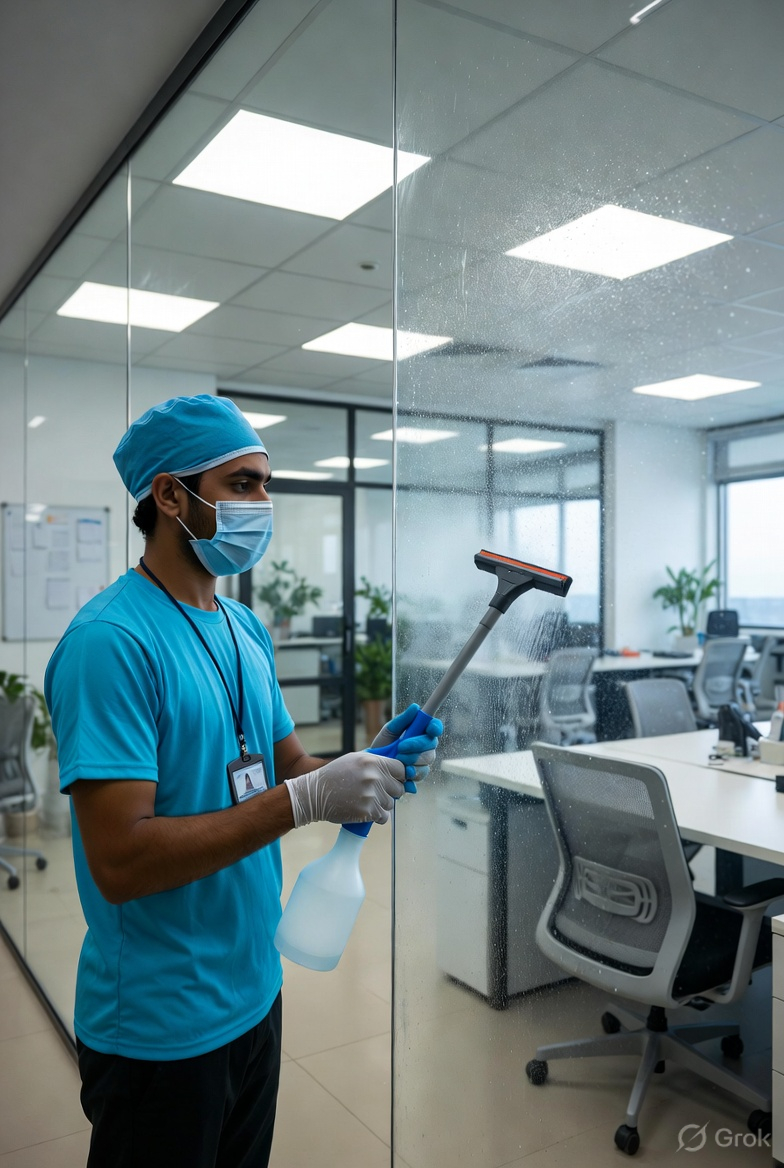 Interior glass cleaning in an office